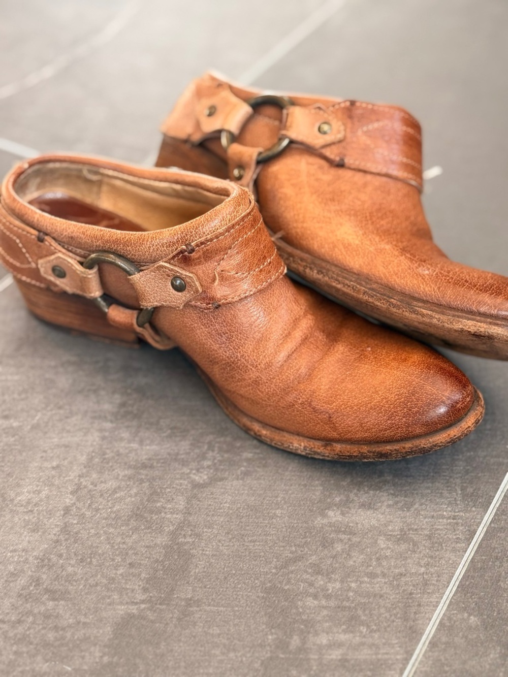 Frye Brown Leather Harness Mule Booties Women’s 6B